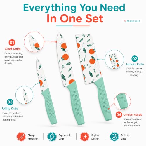 Image of BRAND VILLA Kitchen Knife Set of 3, Ultra Sharp Stainless Steel Chef Knife, Utility Knife & Paring Knife, Non-Stick Coated Blades, Ergonomic Anti-Slip Handle for Fruits, Vegetables & Meat (Green)