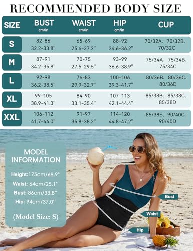 CMTOP Badeanzug Damen Bauchweg V Ausschnitt Einteiliger Badeanzüge Pushup Schlankheits Bademode One Piece Rüschen Bauchkontrolle Schwimmanzug Ruched Swimsuit Strandmode mit Bügel(Pfauenblau,M) 6