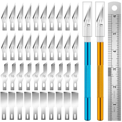 JYSNOW 2 Pièces Cutter de Précision, Couteau Précision Artisanat Ensemble avec 40 Lames et 1 Règle en Acier, Diy Sculpture Couteaux de Loisirs, pour...