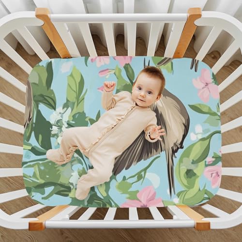 Image of Crib Sheet Breathable Soft Crib Mattress Sheet for Baby Toddler Boys Girls Fitted Crib Sheet Fit Standard Crib Mattress 39 x 27 Inch Blue Mockingbird and Pink Flowers