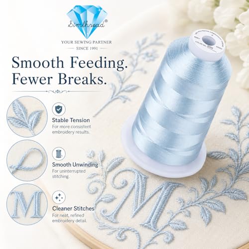 Image of Simthread 5000M 40WT Polyester Embroidery Thread, Powder Blue S059 | 5000M 40WT polyester thread feeds smoothly for machine embroidery, monograms, logos, patches and quilting.