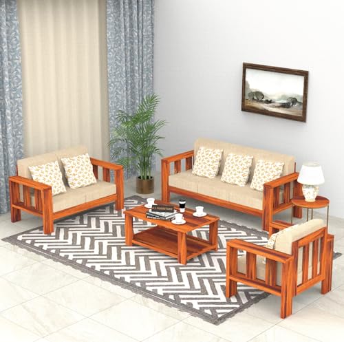 Image of KL Furniture Solid Sheesham Wood Sofa Set 6 Seater | Wooden Set 3+2+1 for Living Room | Six Seater Sofa | Teak Brwon Finish