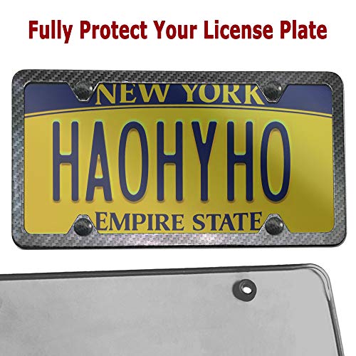 Bggtmo License Plate Cover Frame- Smoked Tinted Flat Plate Shield & Carbon Fiber Black Aluminum Metal Car Tag Holder, Rustproof Unbreakable Protector With Mount Screws Caps, 1 Set For Front Or Rear #TOP4