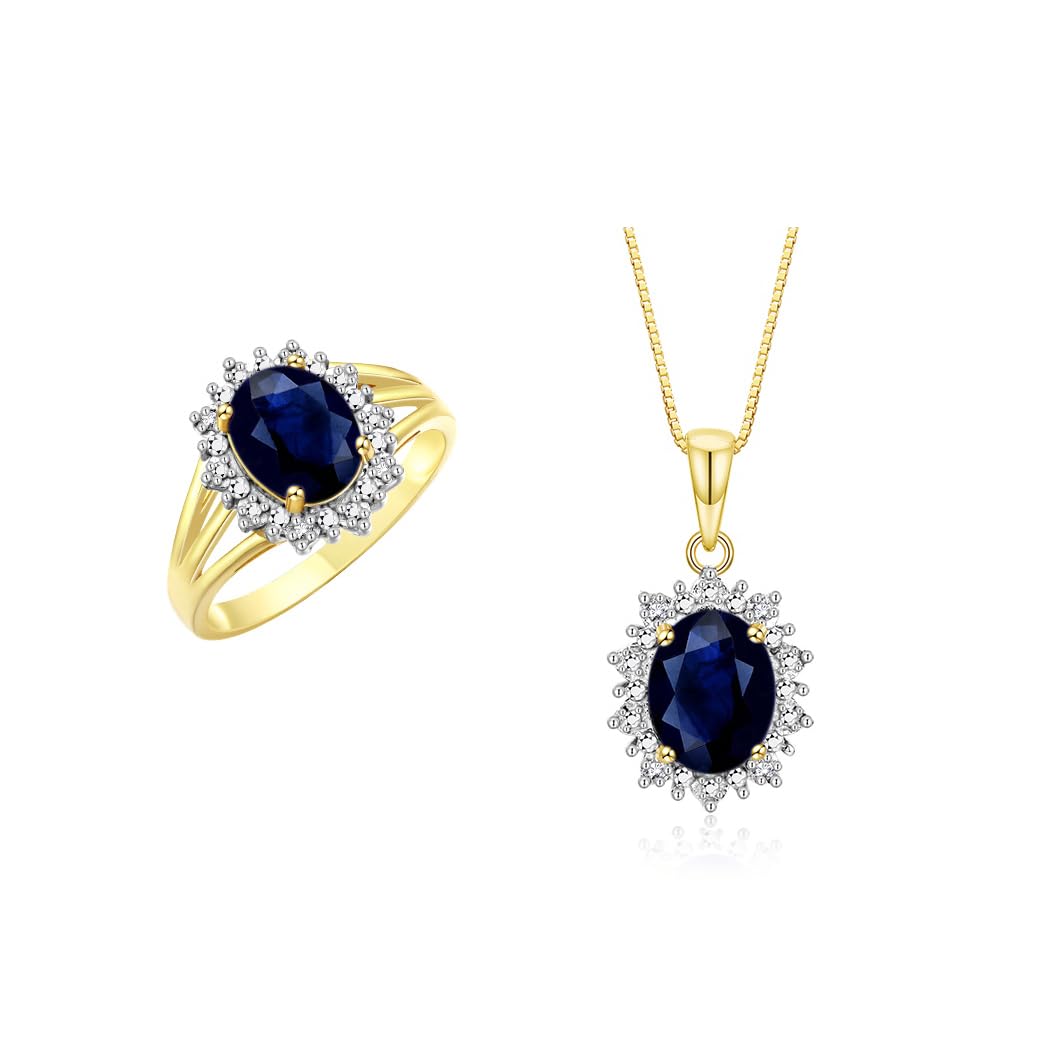 Rylos Women's Yellow Gold Plated Silver Princess Diana Ring &amp; Pendant Set. Gemstone &amp; Diamonds, 9X7MM Birthstone. Matching Friendship Jewelry, Sizes 5-10.