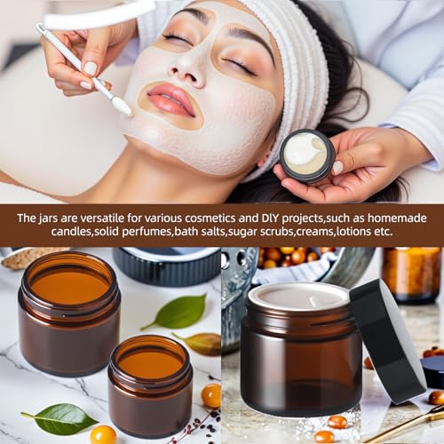 50Pcs(25×4oz + 25×2oz)Amber Glass Jars with Glossy Black & White Inner Lid Liners Airtight Small Glass Containers for Spices Candles Ointments DIY Crafts Travel Toiletries (4oz & 2oz Bundle)4