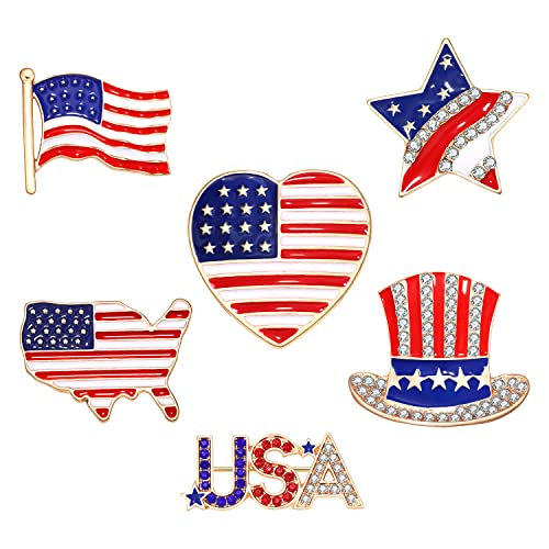 Image of 6PCS American Flag Lapel Pins Enamel Rhinestone Heart USA Flag 4th of July Brooch Pins Patriotic Independence Day Jewelry Suit Pin Gifts for Women Men