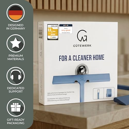 Image of GUTEWERK Silicone Shower Squeegee for Glass Doors & Mirrors with Stainless Steel Core, Streak-Free & No-Squeak Window Cleaning, 3-in-1 No-Drill Mount (Hook /Suction /Adhesive),Blue, 9 Inches