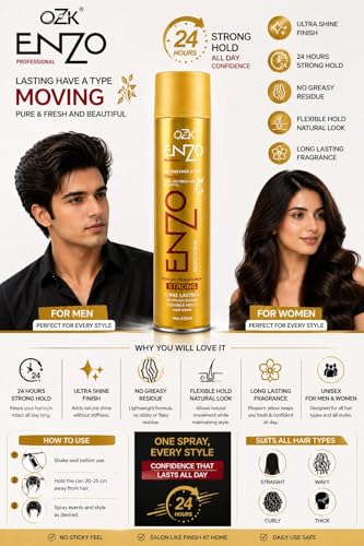 Image of ENZO OZK Ultra Shine Hair Spray for Men & Women | 24 Hours Strong Hold | Long Lasting, Non-Greasy, Flexible Styling | Odour Fragrance Hair Spray 420ml