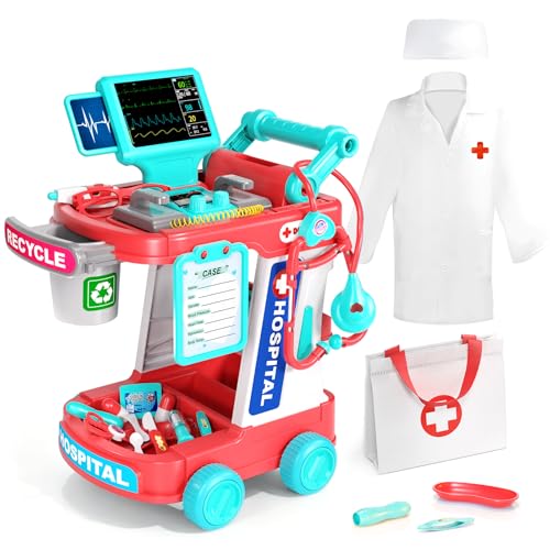 JOVOW Kit de Docteur pour Enfants, Jeu de Simulation de Docteur avec Chariot, Costume et Stéthoscope, Jouet Médical de Jeu de Rôle pour Filles, Garçons et...