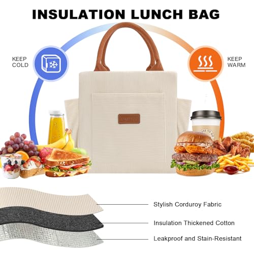 Joymee Lunch Bag Women Insulated Lunch Box Cute Corduroy Reusable Leakproof Large Capacity Lunch Tote Bag for Women Men Adult with Bottle Holder and Side Pockets for Work - Corduroy Beige by Joymee - Image 4