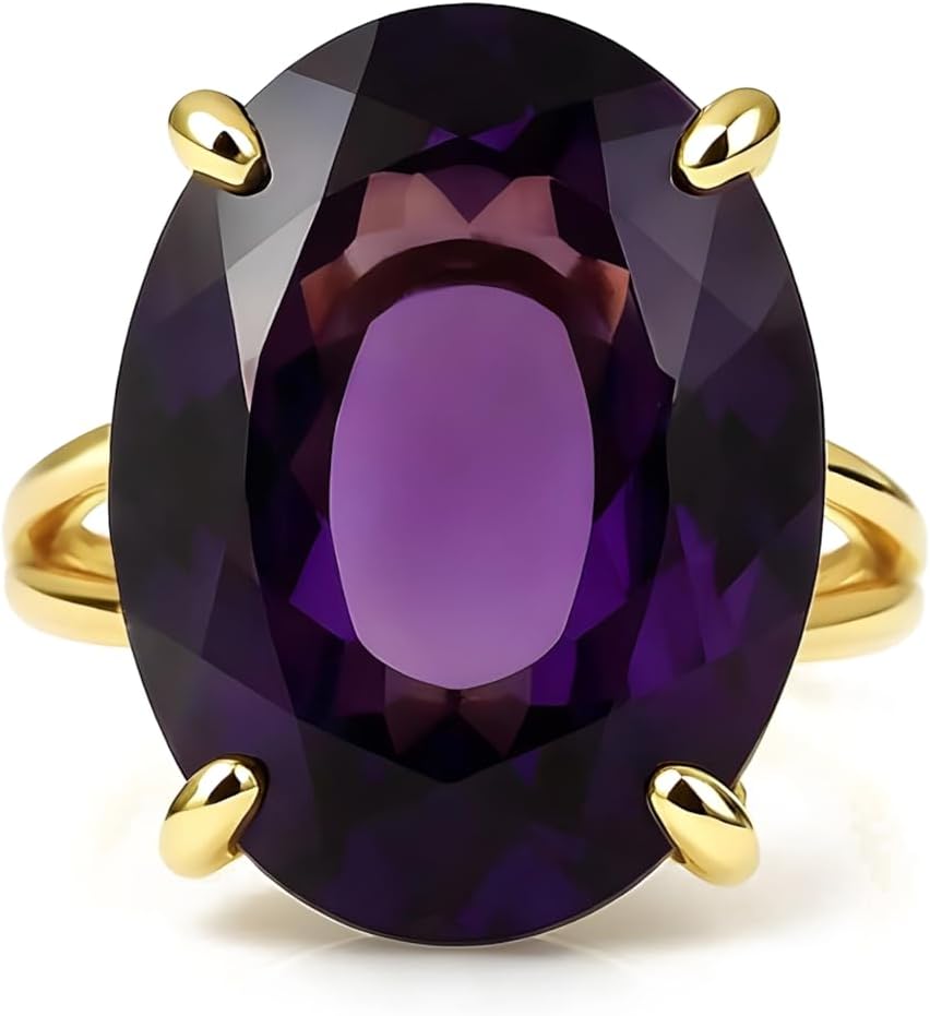 Statement Gold Ring Amethyst Jewelry for Women - 14k Gold Purple Ring - Faceted Oval Stone Custom Ring - Artisan Birthstone Rings for Fashion - Jewelry with Box