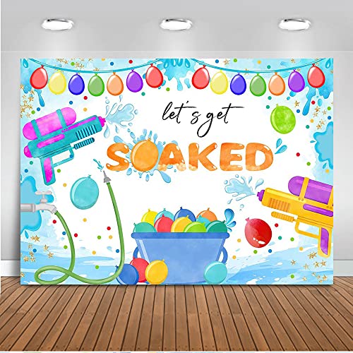 Mocsicka Let\'s Get Soaked Backdrop Summer Water Balloons Pool Party Water Gun Bash Splish Splash Confetti Background Boy Girl Birthday Party Banner Decor Photography Backdrop Party Supplies (8x6ft)