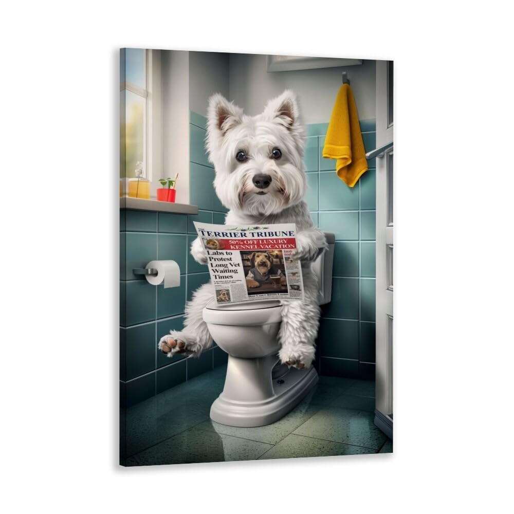 Jyscillate Style-1-Framed Westie Dog Bathroom Wall Art Poster - Funny Canvas Print For Dog Lovers - Humorous Animal Decor 12X18inch Framed, Style-1