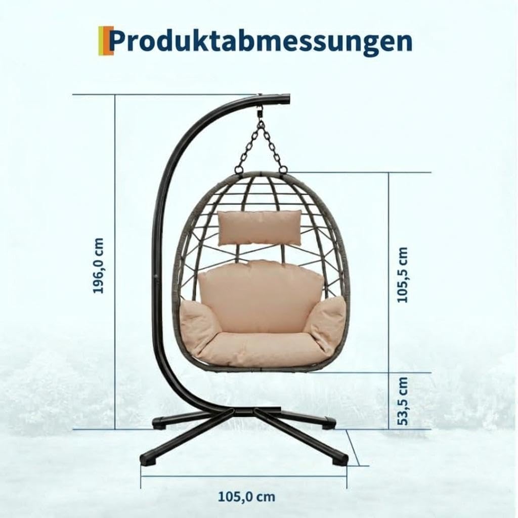Garvee Hängesessel aus Rattan mit Metallgestell – klappbar, wetterfest, bis 150 kg belastbar, inkl. schwarzer Abdeckung – Outdoor & Indoor Ei-Schaukelstuhl für Garten, Balkon, Terrasse – Graues Rattan