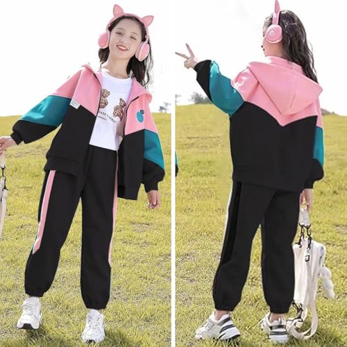 linboo Kinder Jogginganzug Mädchen Sportkleidung Set Sweatjacke und Jogginghose Sportanzug Trainingsanzug Activewear, Schwarz, 146-152(Herstellergröße: 160)