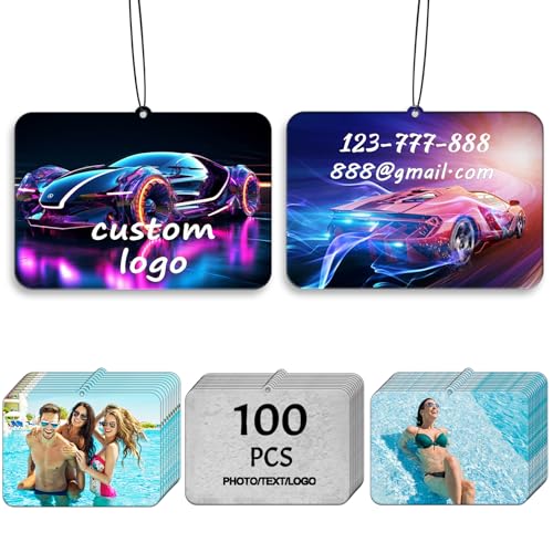 10/50/100Pcs Custom Logo Car Air Fresheners Bulk, Wholesale Personalized Double-Sided Car Air Fresheners with Photo/Text/Business Logo, Suitable for Truck and Car Drivers (100-Horizontal Rectangle)
