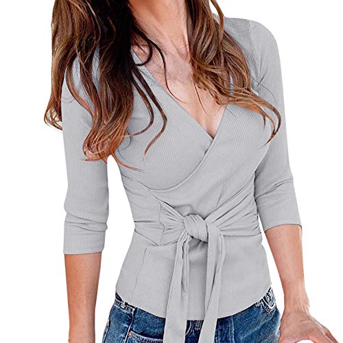 YAnGSale Top Women Fashion Shirt Bandage Blouse Loose Tops Tee Solid T-Shirt Sexy V-Neck Sweatshirt Knot Front Pullover (Gray, M)