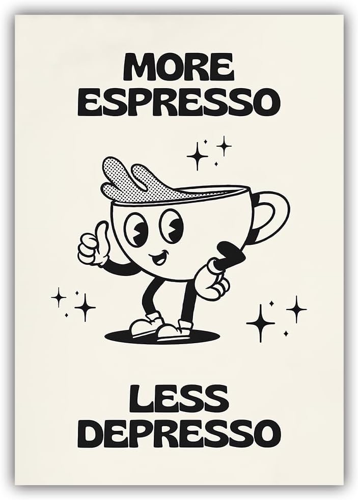 Retro More Espresso Less Depresso Poster Cute Cartoon Coffee Cup Red Quotations Wall Art Funny Trendy Aesthetics Decor Home Living Room Restaurant Coffee Shop Wall Print Canvas 12x16inch Framed