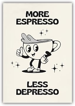 Vintage More Espresso Less Depresso Poster Cute Cartoon Coffee Cup Black and White Wall Art Funny Trendy Aesthetics Decor Home Living Room Restaurant Coffee Shop Wall Print Canvas 16x24inch Unframed