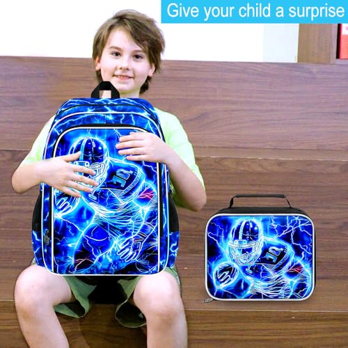 Image of 17 inch Football Backpack for School, Kids Boys Lightning Bookbag with Lunch Box, 3Pcs Backpacks for Elementary Preschool Kindergarten (Blue)