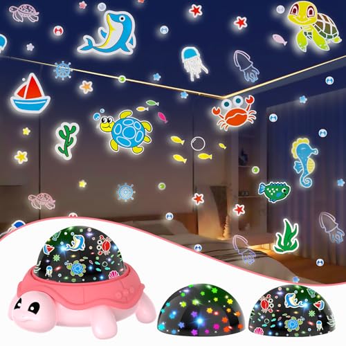 HomeVC Kids Projector Night Light, Turtle Baby Lights Projector with 2 Projection Theme 360° Rotate Baby Night Lamp for Toddler Bedroom Boys & Girls Birthday, New Year Gifts, PVC Material, Pink
