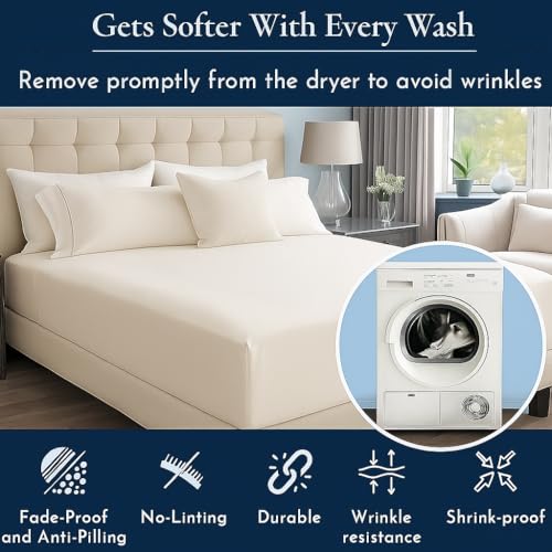 Image of 100% Cotton Bedsheet Set - Ivory King Size (102x108 Inches) - Lightweight, Super Soft, Wrinkle-Free - Flat Bedsheet with 2 Pillow Covers