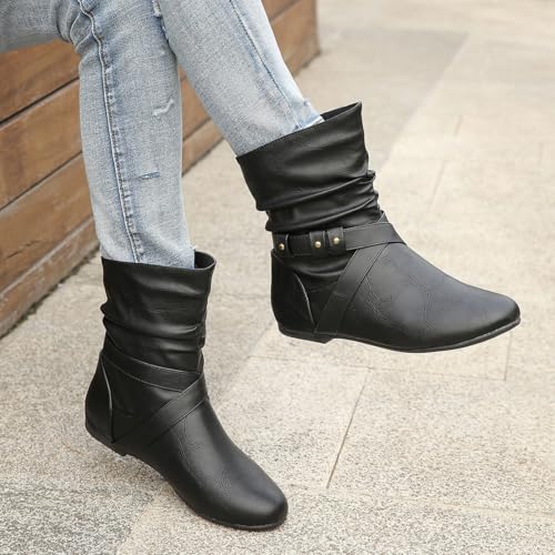 Women's Studded Ankle Booties - Low Heel Round Toe Casual Boots with Metal Decor, Comfortable Slip-On Flat Boots for Everyday Wear4