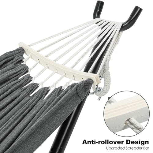 Image of GAFETE Double Hammock with Stand for Outside, Upgraded Spreader Bar, Heavy Duty Space Saving Steel Stand 2 Person, Side Pocket, Easy Assembly, 600lbs Weight Capacity, Indoor & Outdoor (Dark Grey)