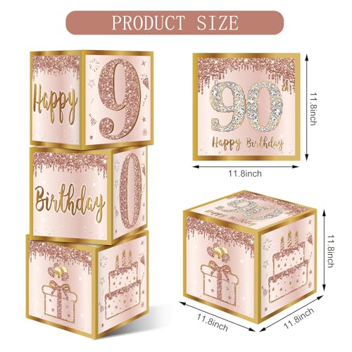 Image of Guiruiy 3Pcs 90th Birthday Decorations Boxes for Women, Pink Rose Gold 90th Birthday Balloons Boxes Party Supplies, Pink Ninety Year Old Bday Theme Cardboard Box Decor