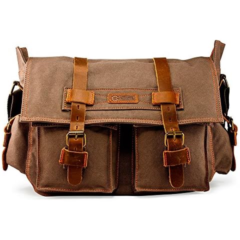 GEARONIC GEARONIC Men and Women Canvas Leather Messenger Bag for 14'' 15'' 17'' Laptop Satchel Vintage Shoulder Rugged Military Crossbody Large Briefcase (14 inch, Gray) Cover