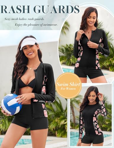 Tuopuda Camiseta de natación para Mujer Traje de baño de Manga Larga con Cremallera Camiseta de Surf Protección Solar Surf Rashguard Camisetas Deportivas de Secado Rápido(Negro-3,L) - imagen 3