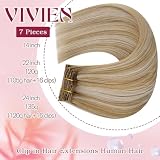 Vivien Niewidoczne dopinki do włosów z klipsami, prawdziwe włosy, blond, 40 cm, naturalne włosy Remy, kolor miodowy blond, pasemko, platynowy blond, gładkie, 120 g, 7 szt. #27/60