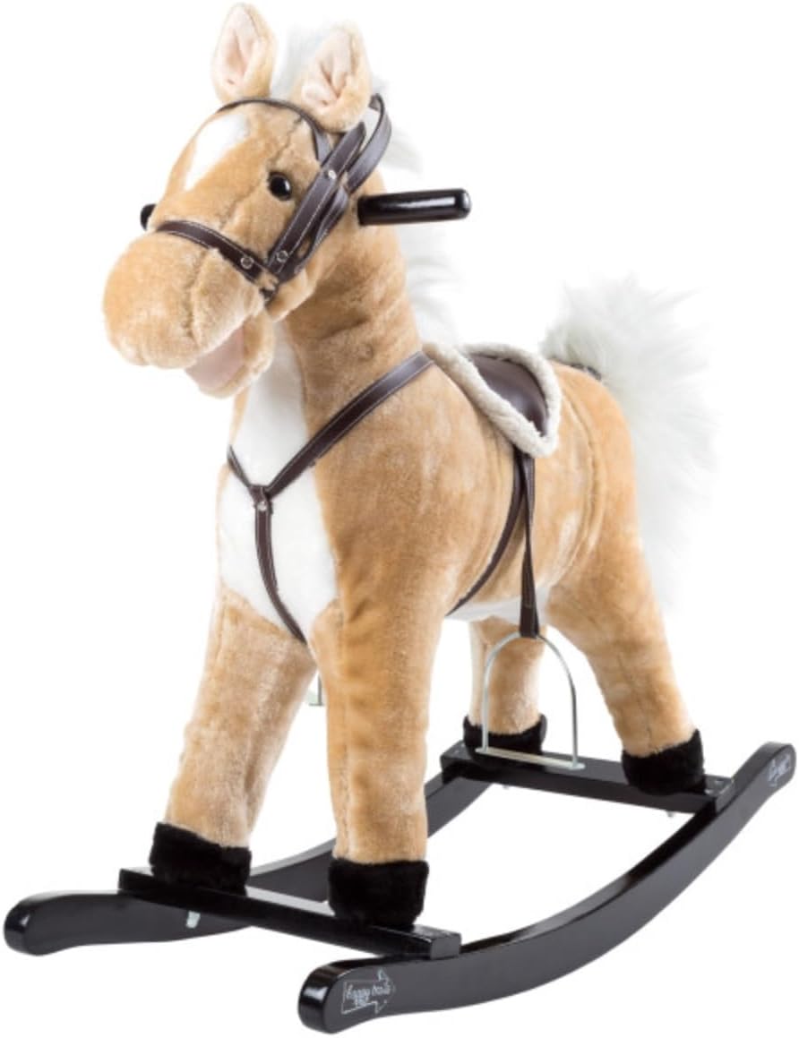 Rocking Horse Plush Animal on Wooden Rockers with Sounds, Stirrups, Saddle & Reins, Ride on Toy, Toddlers to 4 Years Old by Happy Trails - Brown