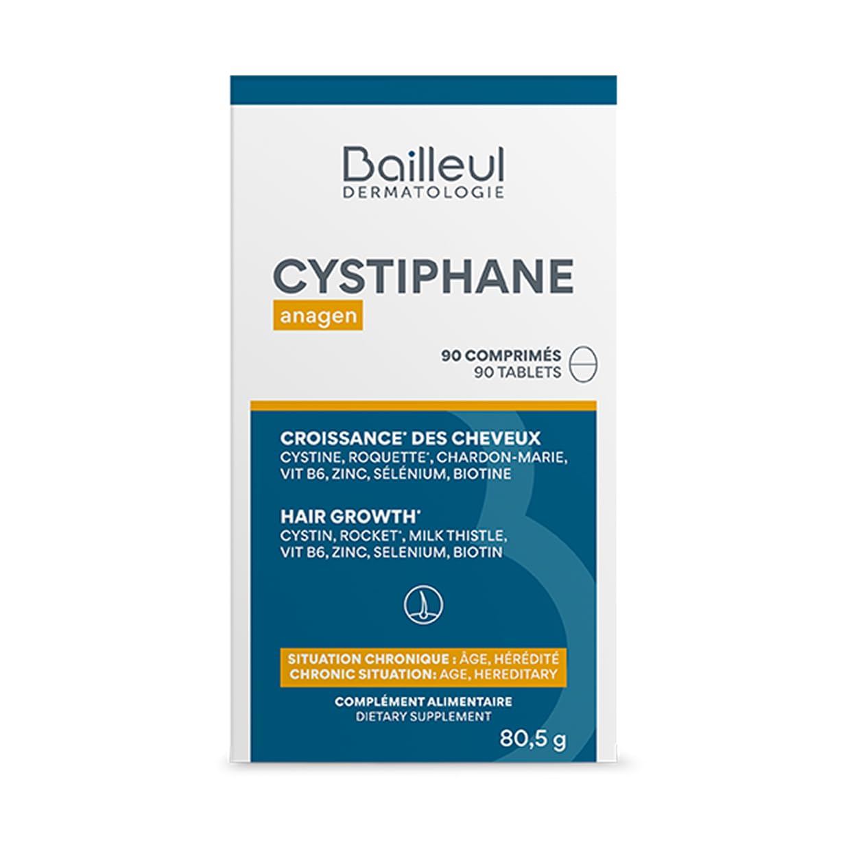 Bailleul | Cystiphane Anagen | Complemento alimenticio para el cabello | Favorece el crecimiento y la resistencia del cabello | Caída crónica del cabello | Cistina – Vitamina B6 | 3 x 90 comprimidos