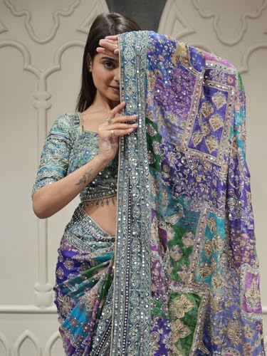 Image of Women's Soft Chinnon Silk Digital Print Saree with Embroidery and Real Mirror Work, Designer Traditional Saree with Elegant Piping Border and Unstitched Blouse