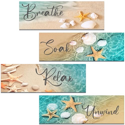Lnond 4 Pcs Beach Bathroom Wall Decor, Sand Shell Starfish Summer Pictures Wall Decor, Relax Soak Unwind Breathe Wood Hanging Wall Art for Bathroom Spa Room (12 x 4 Inch)