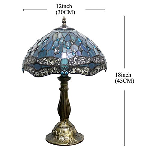 Werfactory Tiffany Lamp Sea Blue Stained Glass Table Lamp 12X12X18 Inches Dragonfly Style Desk Reading Light Decor Beside Bedroom Living Room Home Office S147 Series #TOP4