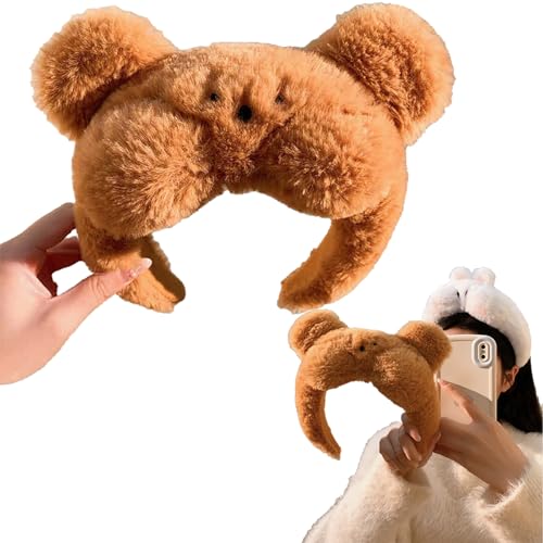 KQCQZ 抱きしめたくなるウサギの耳 くまのぬいぐるみヘッドバンド 女性用 スイートキュート 秋冬 洗顔 マスキング専用ヘッドバンド(ブラウン)