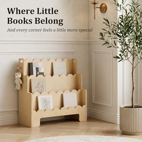Image of Scalloped Kids Bookshelf, 3-Tier Wooden Bookshelf for Kids' Room, Toddler Book Organizer and Montessori-Style Bookcase Display Shelf for Nursery, Bedroom, Playroom and Reading Corner