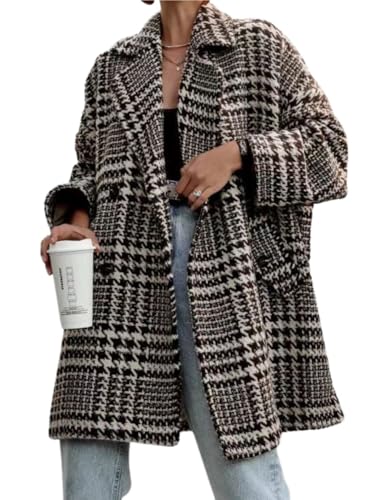 chouyatou Women Winter Houndstooth Wool Blend Coat Notch Lapel Loose Warm Mid Long Double Breasted Peacoat