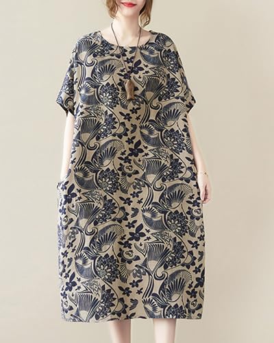 Image of LUZU JUNU Women's Summer Baggy Plus Size Loose Cotton Linen Long Boho Beach Dress with Pockets