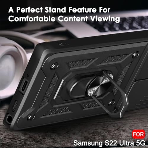 Image of TheGiftKart Tough Armor Bumper Back Cover Case for Samsung Galaxy S22 Ultra 5G | Kickstand & Ring Holder | 360 Protection Cover Case for Samsung S22 Ultra 5G (PC & TPU, Sliding Camera Cover, Black)