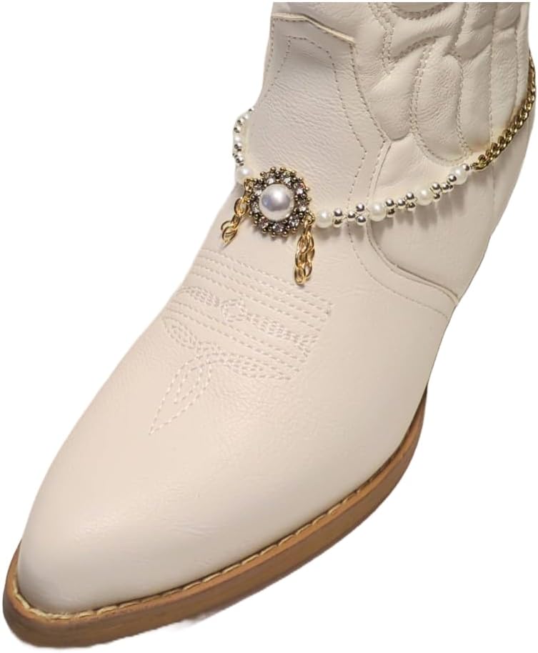 Boot Bracelet Glass Rhinestone Pearl Bead Gold Plated Stainless Steel Chain Western Wedding Mobe Cabochon Concho Bridal Fits Up to 16" Double Clasp