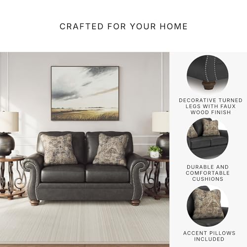 Image of Signature Design by Ashley Chatterton Loveseat, Traditional Faux Leather Couch with Nailhead Trim, No Assembly Required, Ideal for Living Rooms and Small Spaces, Granite, 68 inch W