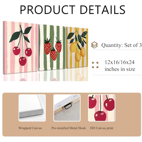 LHHJDIO 3 Piece Trendy Fruit Canvas Wall Art Vintage Kitchen Wall Art Colorful Cherry Strawberry Lemon Pictures Wall Decor Fruit Abstract Art Print for Kitchen Dining Room Bedroom 16"x24" by LHHJDIO - Used condition - Image 4