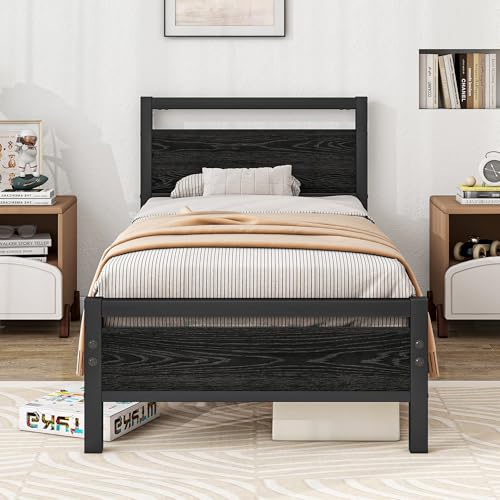 BOFENG Bastidores de cama individuales de 3 pies, base sólida con cabecero de madera, base de cama de plataforma de metal resistente, no necesita somier, base de colchón/soporte de listones de metal