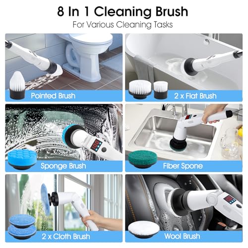 Image of Electric Spin Scrubber, Shower Scrubber with Long Handle, Rechargeable Cordless Power Scrubber, Retractable & Adjustable Angle Spin Brush for Cleaning Bathroom /Tub /Floor /Tile (Black-White+Beige)