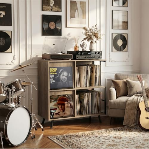 Image of Faesun 3 Tier Flip Top Record Player Stand, Vinyl Record Storage Holds up to 300+ Albums, Large Record Player Cabinet, Vintage Turntable Stand with Vinyl Display, for Living Room Bedroom, Gray