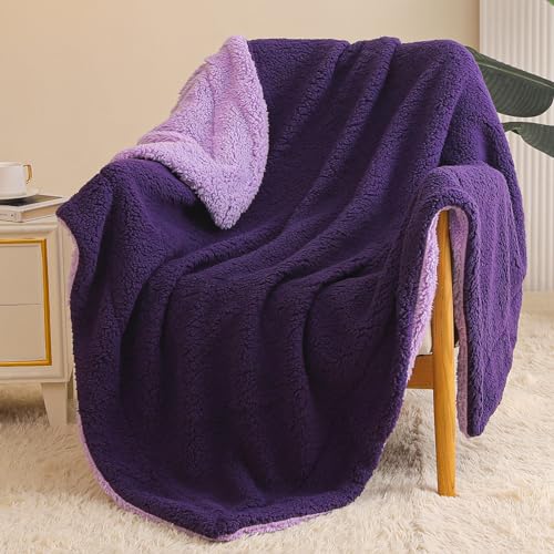 Exclusivo Mezcla Reversible Sherpa Fleece Throw Blanket for Couch, Soft Plush Blanket for Bed, Thick Warm Fluffy Blankets for Winter, 50x60 Inches, Deep Purple/Lilac