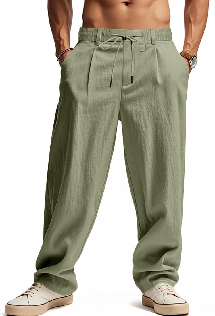 WINKEEY Pantalon Lin Homme Été Léger Pantalon Large Fluide Coupe Ample Taille Élastique Cordon pour Détente Plage Vacances